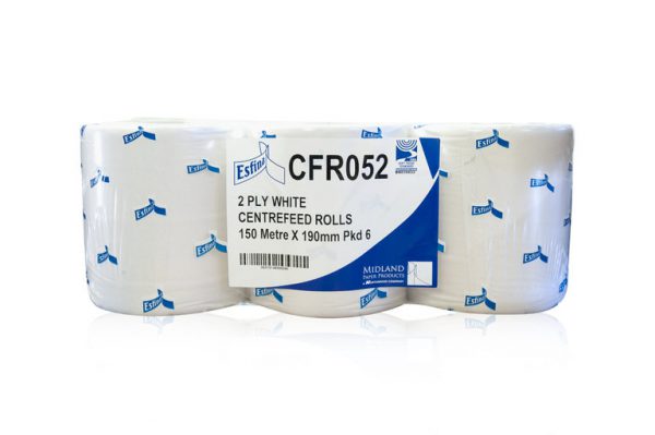 6 pack of 2 ply white centrefeed rolls