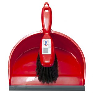 red plastic dustpan and brush